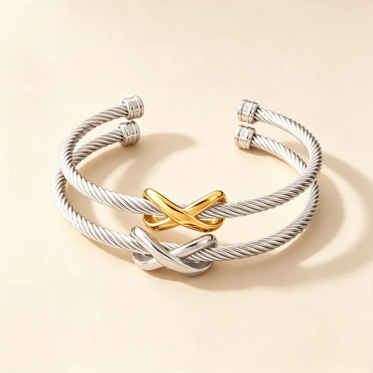 Cuff Bracelet with Twisted Cable and Knot, Stainless Steel