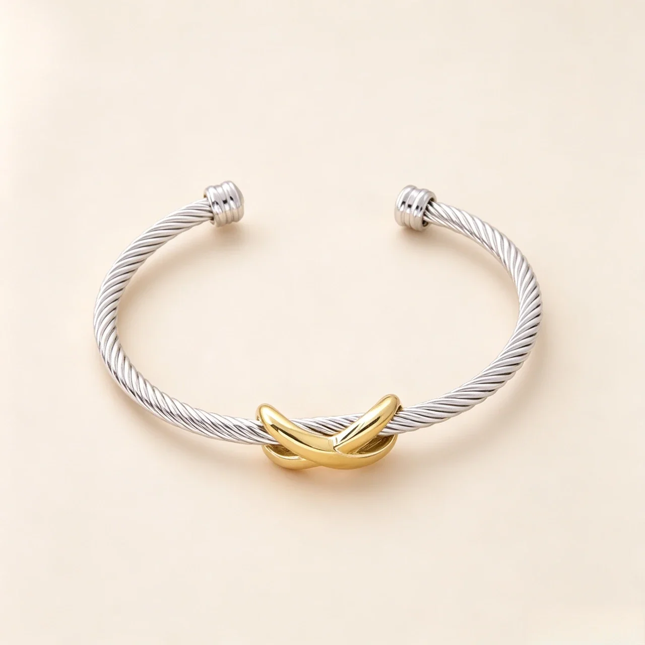 Cuff Bracelet with Twisted Cable and Knot, Stainless Steel