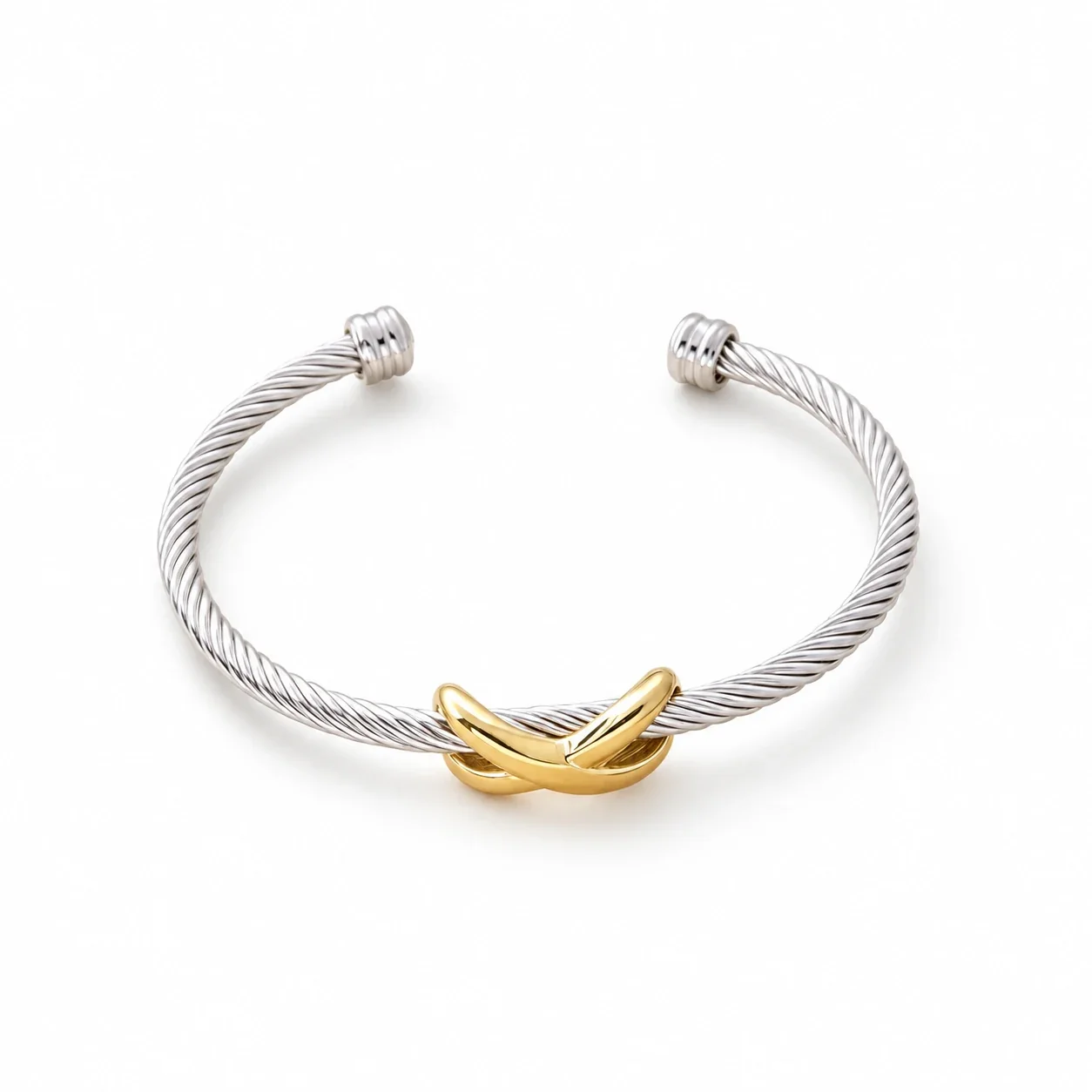 Cuff Bracelet with Twisted Cable and Knot, Stainless Steel - Gold