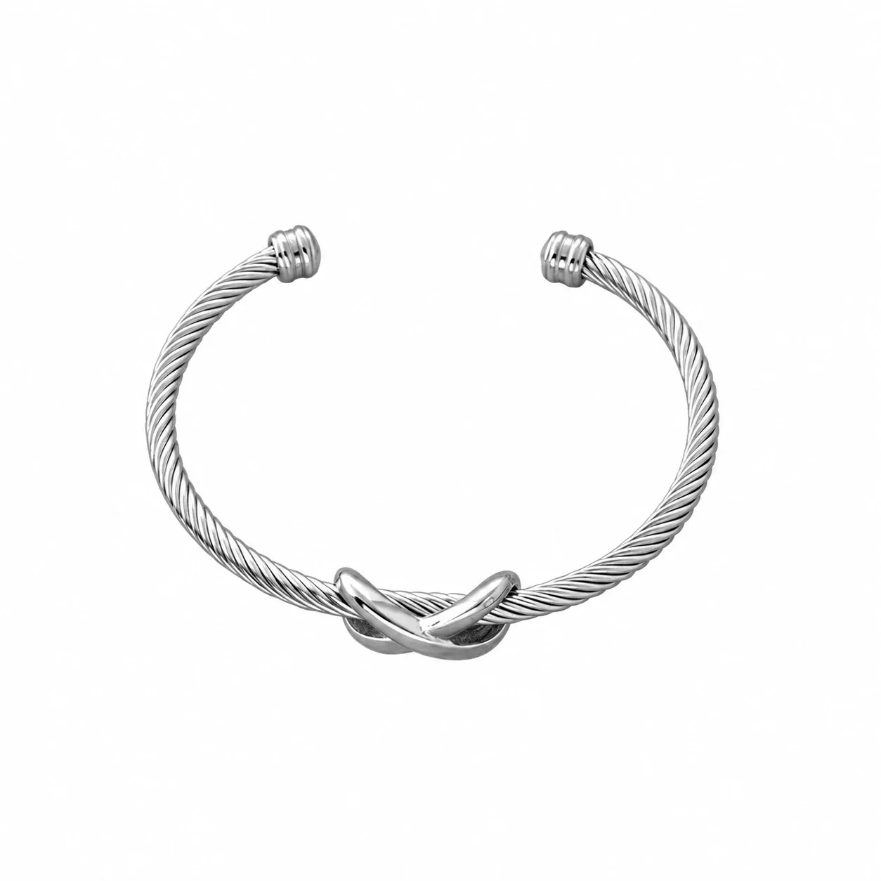 Cuff Bracelet with Twisted Cable and Knot, Stainless Steel - Silver