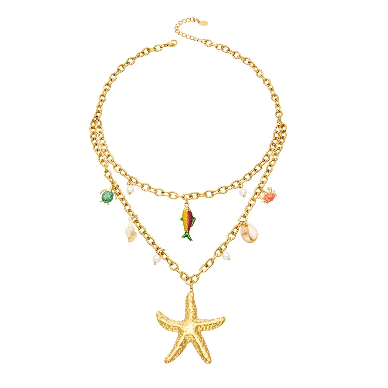 Layered Starfish Ocean Charm Gold-Plated Stainless Steel Necklace