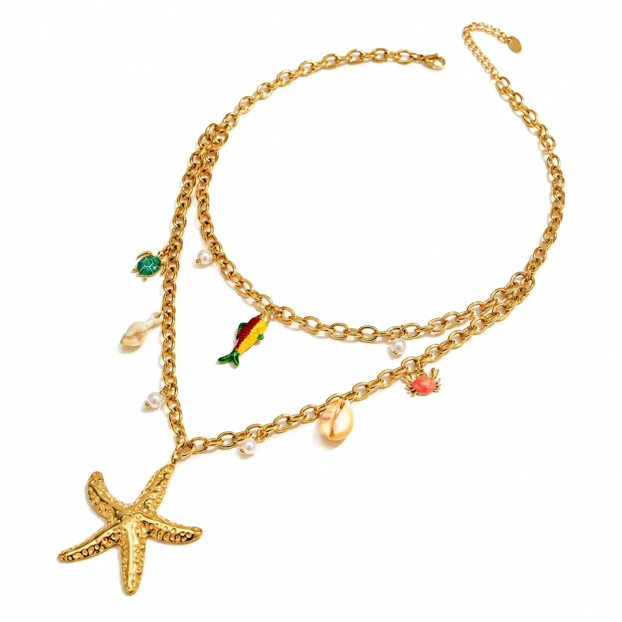 Layered Starfish Ocean Charm Gold-Plated Stainless Steel Necklace