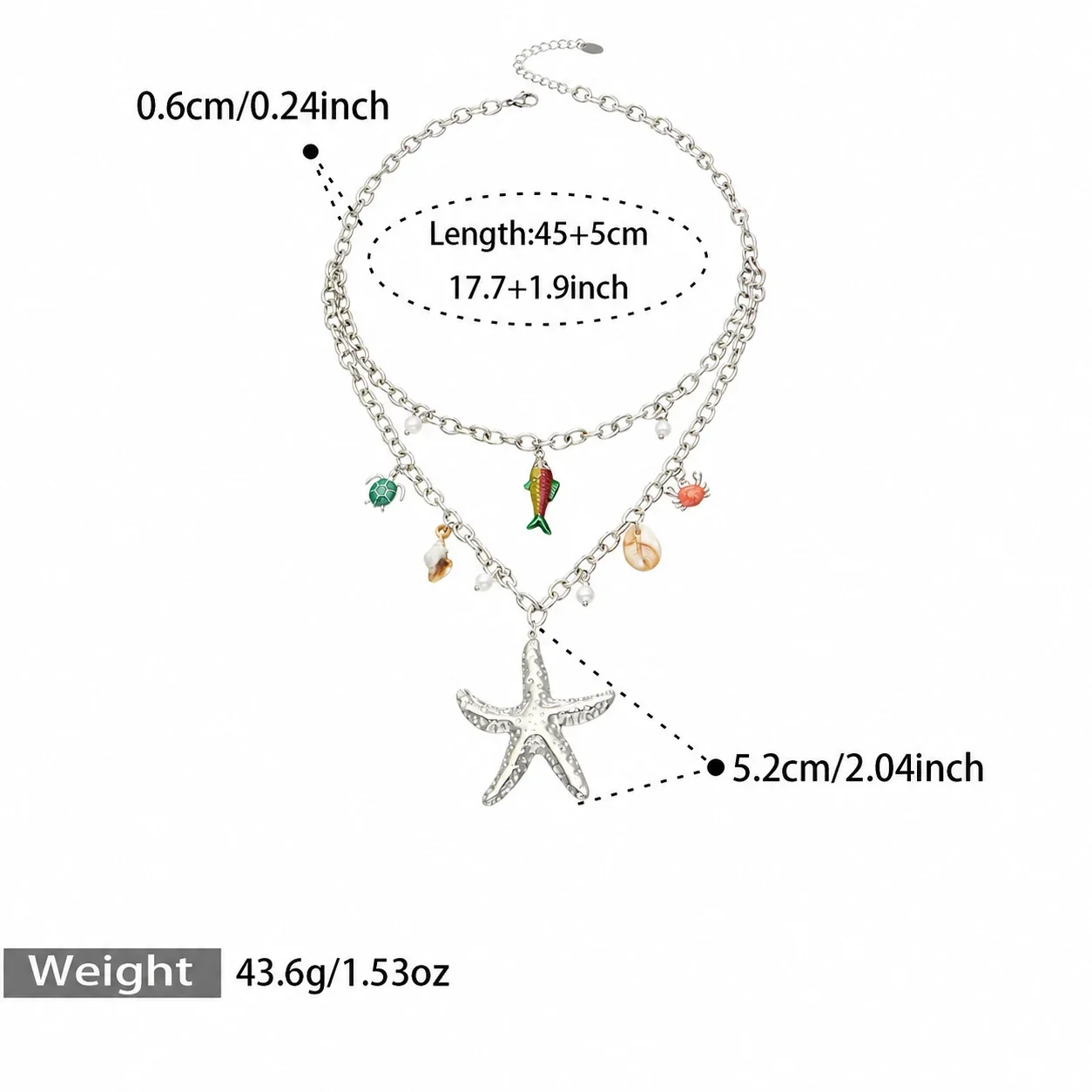Layered Starfish Ocean Charm Gold-Plated Stainless Steel Necklace - Silver