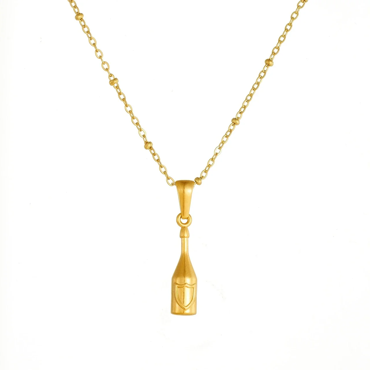 Bottle Pendant Necklace with Beaded Chain, Gold-Plated Steel