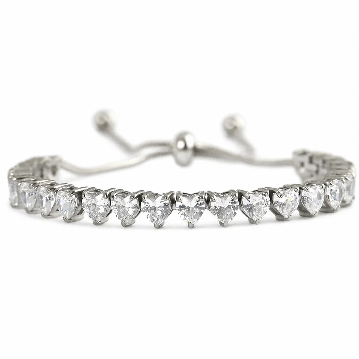 Polished 316 Stainless Steel Heart CZ Tennis Bracelet - Silver White CZ