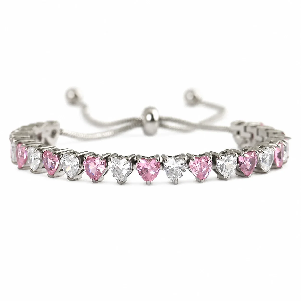 Polished 316 Stainless Steel Heart CZ Tennis Bracelet - Silver Pink CZ