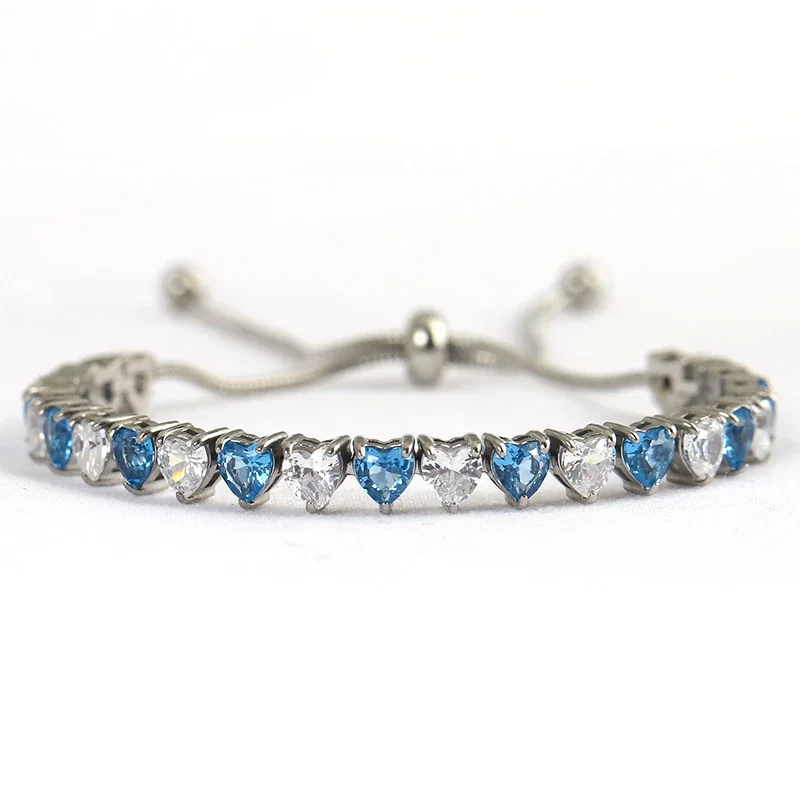 Polished 316 Stainless Steel Heart CZ Tennis Bracelet - Silver Aquamarine CZ