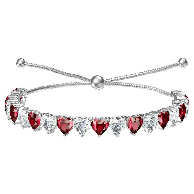 Polished 316 Stainless Steel Heart CZ Tennis Bracelet - Silver Garnet Red CZ