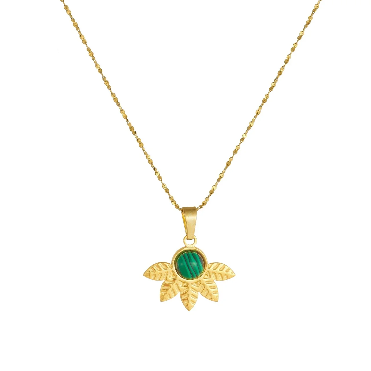 Leaf Pendant Necklace with Green Cabochon Gold-Plated Stainless Steel