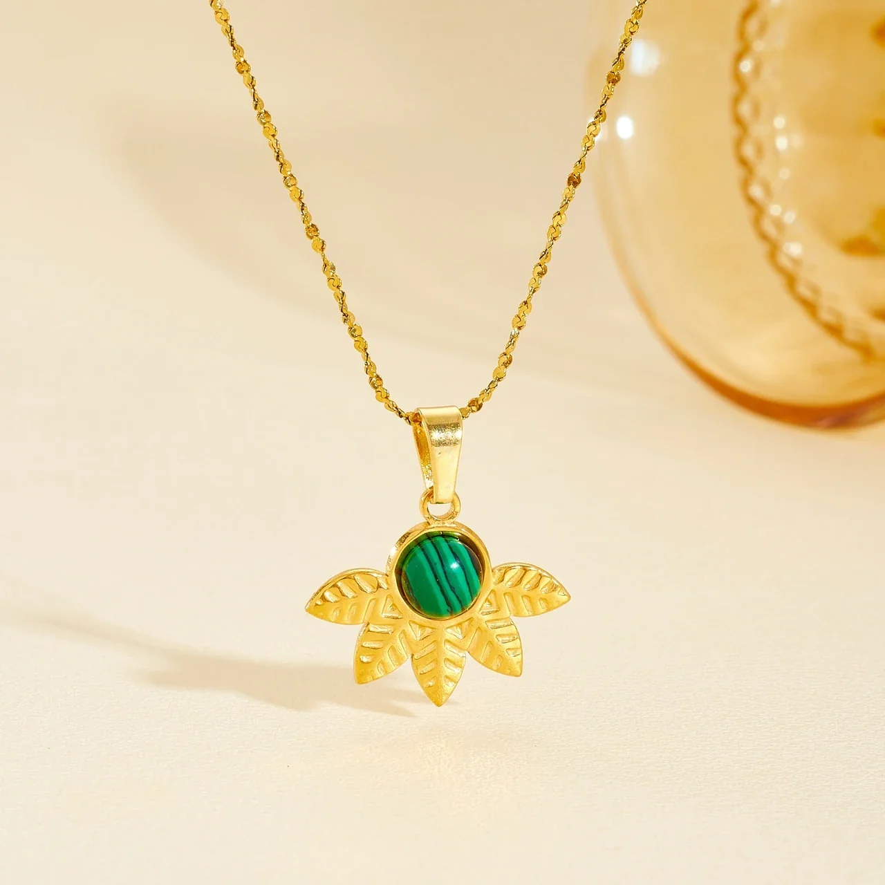 Leaf Pendant Necklace with Green Cabochon Gold-Plated Stainless Steel