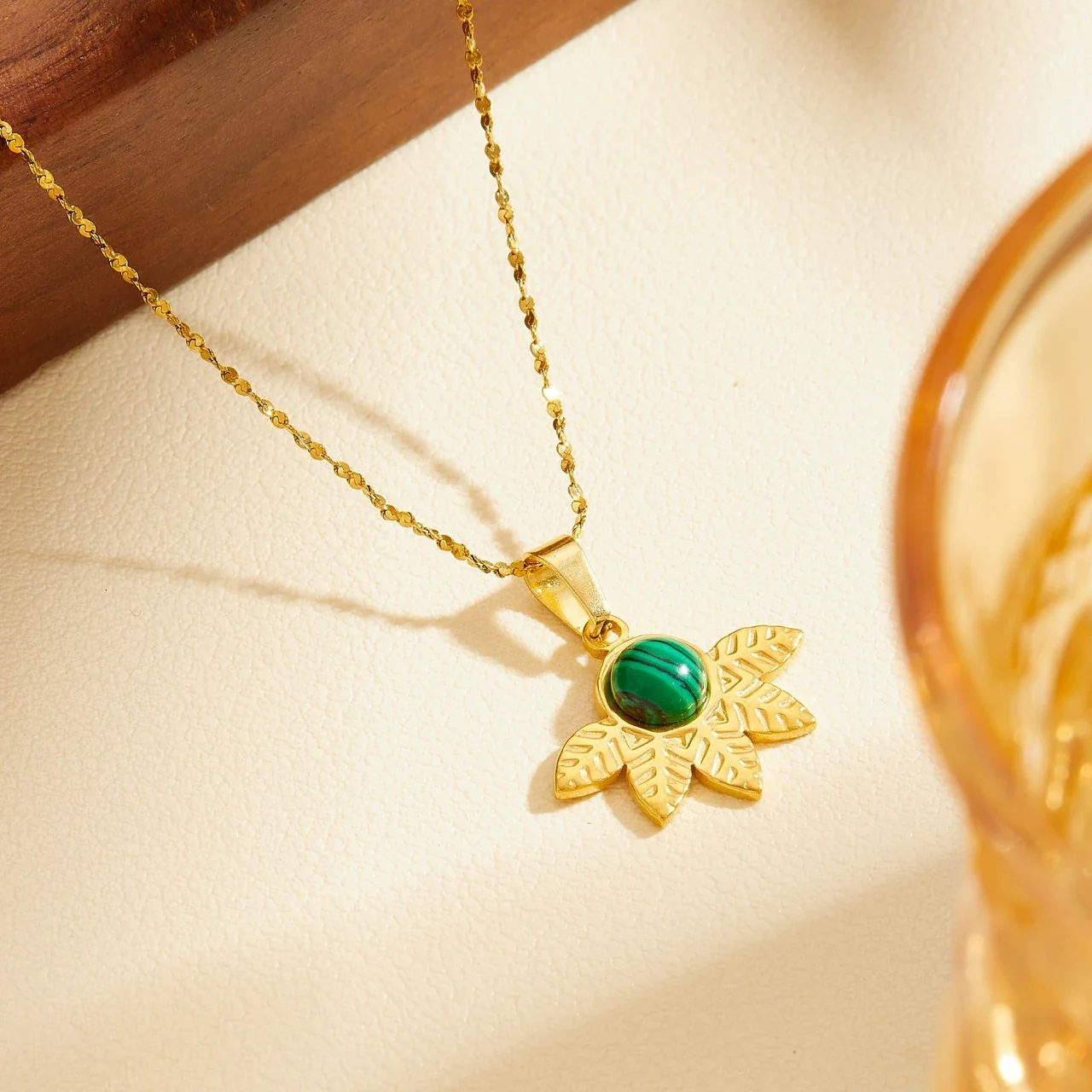 Leaf Pendant Necklace with Green Cabochon Gold-Plated Stainless Steel