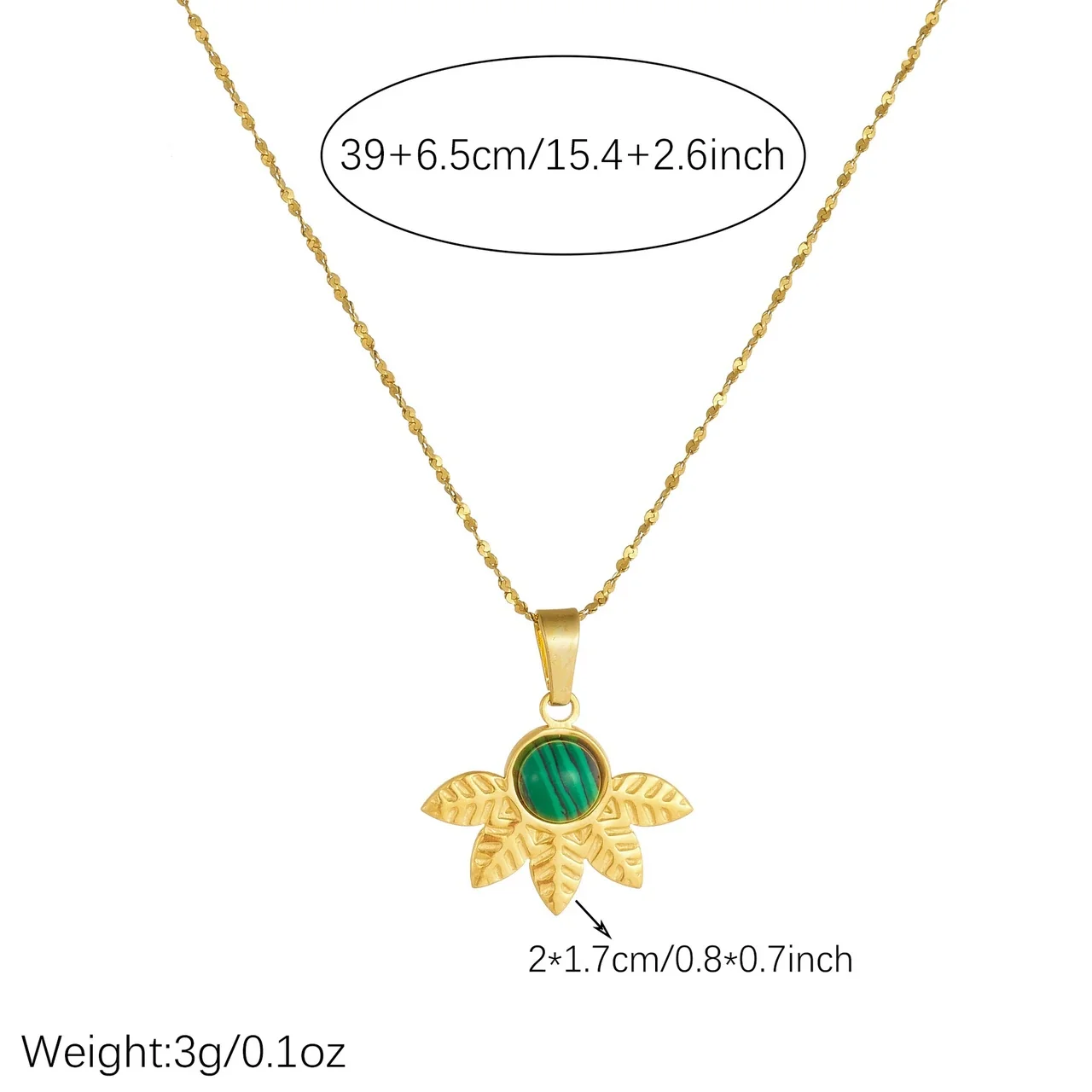 Leaf Pendant Necklace with Green Cabochon Gold-Plated Stainless Steel