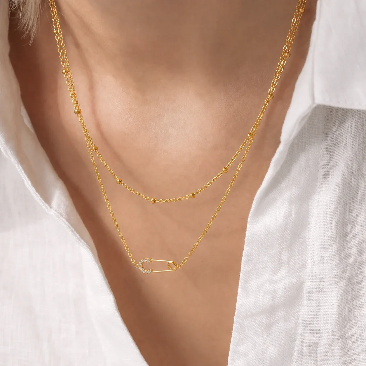 Delicate Gold-Plated Pin Motif CZ Layered Necklace