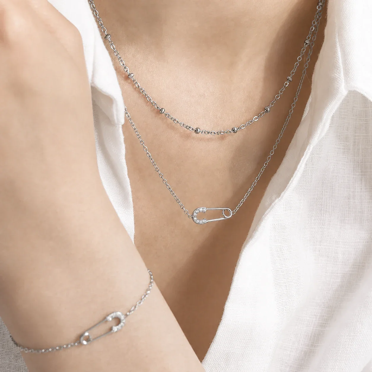 Delicate Gold-Plated Pin Motif CZ Layered Necklace