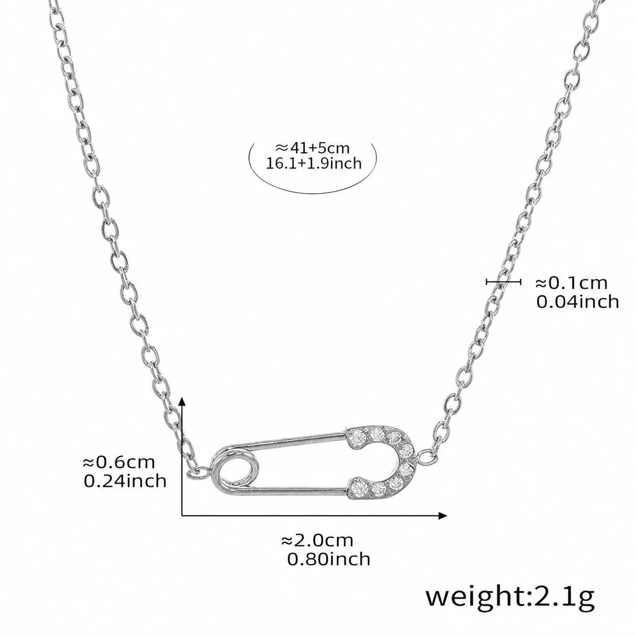Delicate Gold-Plated Pin Motif CZ Layered Necklace - Silver Paperclip CZ + cm