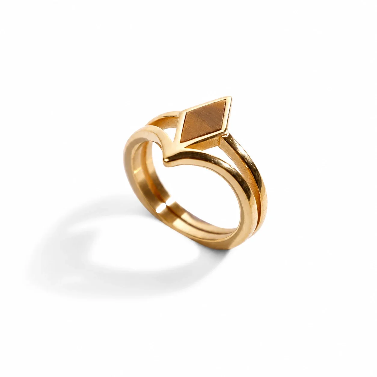 Sculptural 316 Stainless Steel Rhombus Signet Ring - Gold Tiger Eye