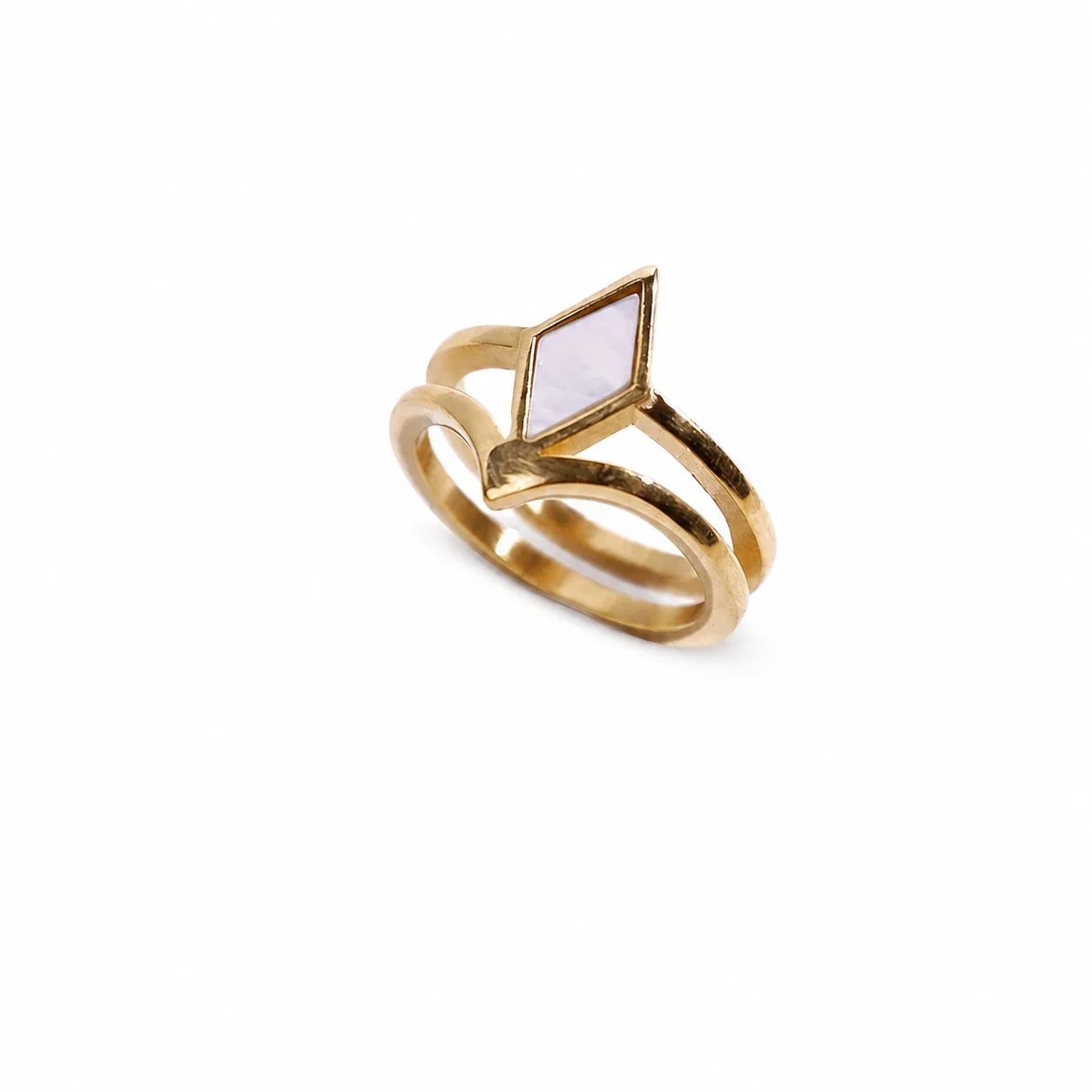 Sculptural 316 Stainless Steel Rhombus Signet Ring - Gold Mother of Pearl