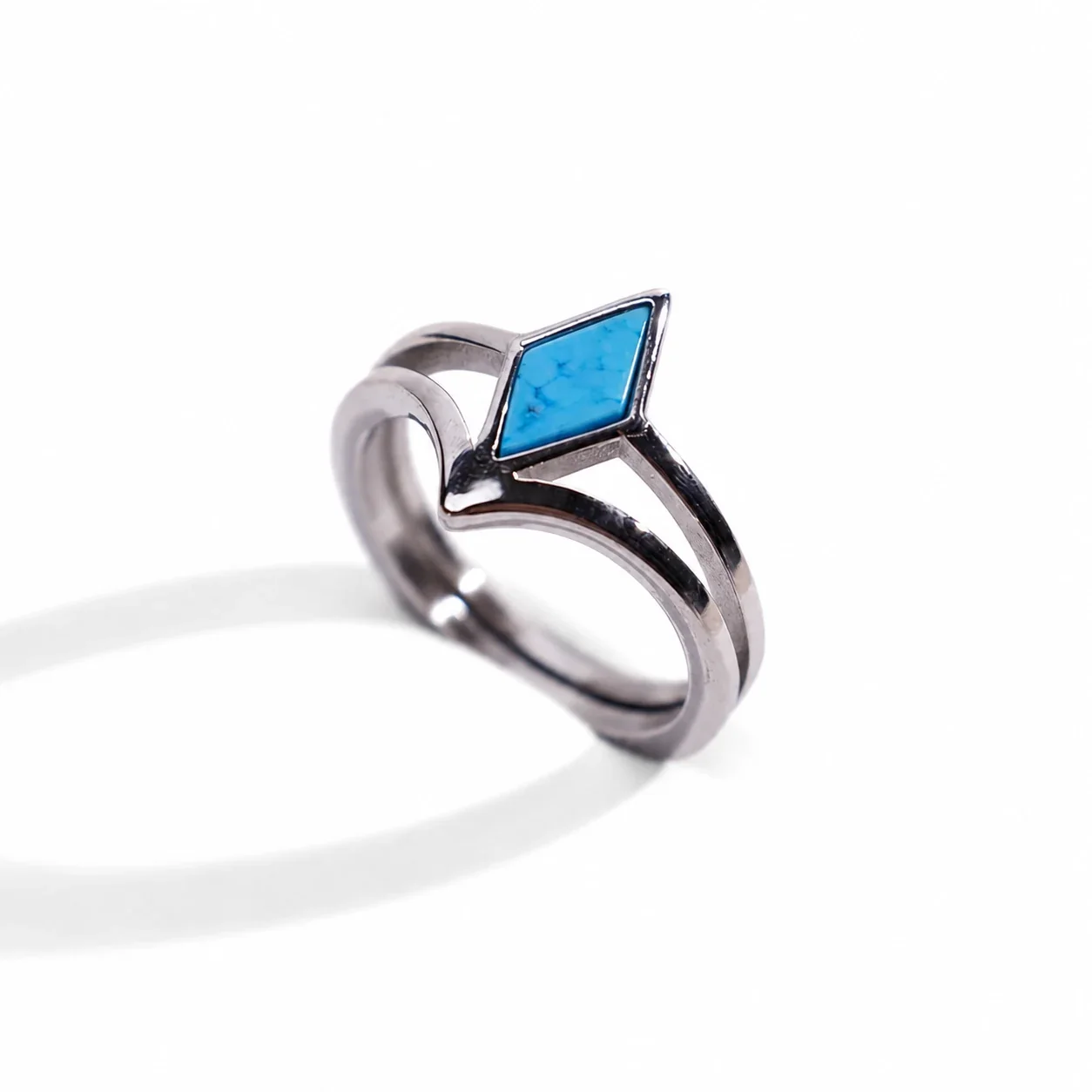Sculptural 316 Stainless Steel Rhombus Signet Ring - Silver Turquoise