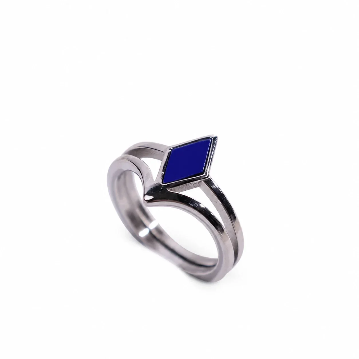 Sculptural 316 Stainless Steel Rhombus Signet Ring - Silver Lapis Lazuli Synthetic