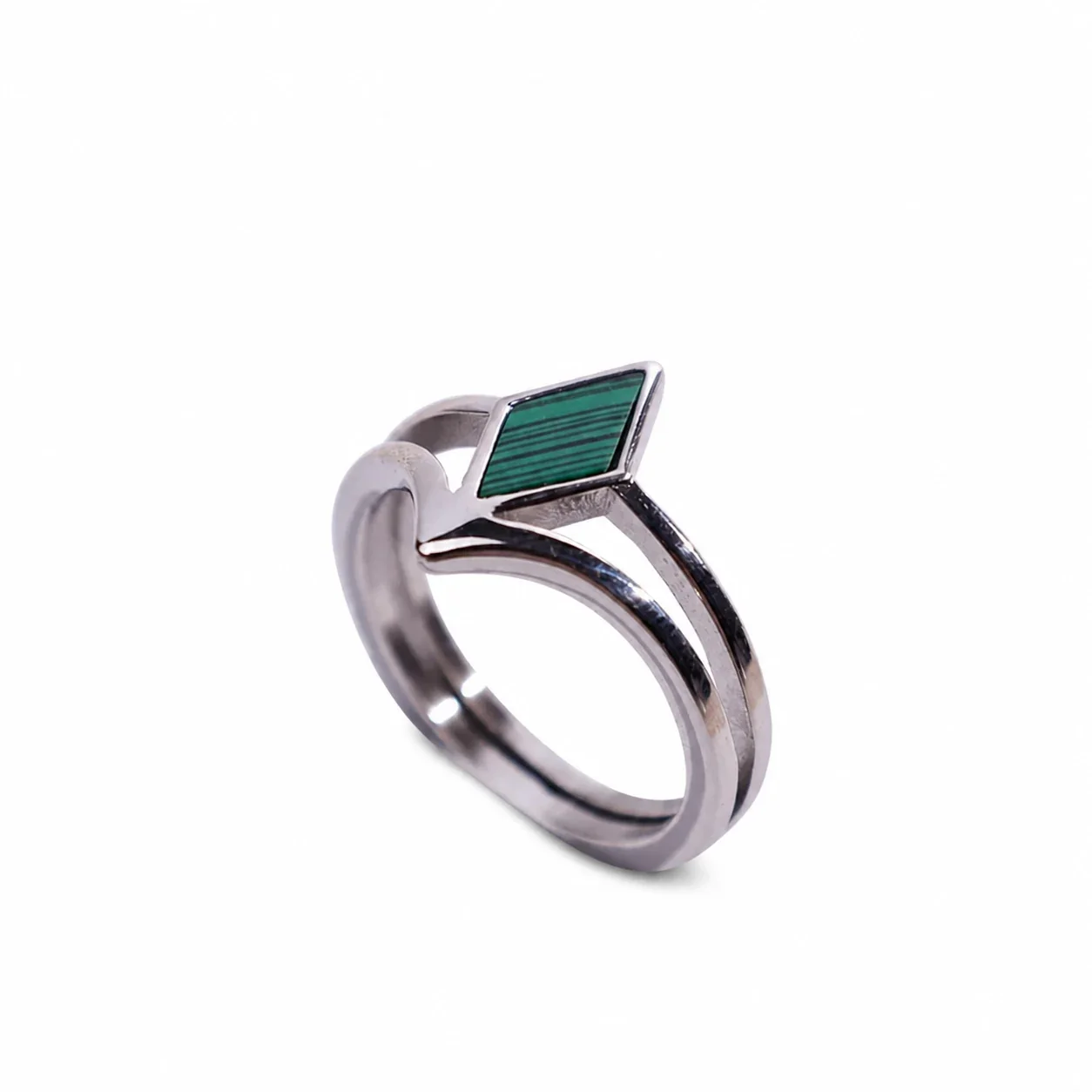 Sculptural 316 Stainless Steel Rhombus Signet Ring - Silver Malachite