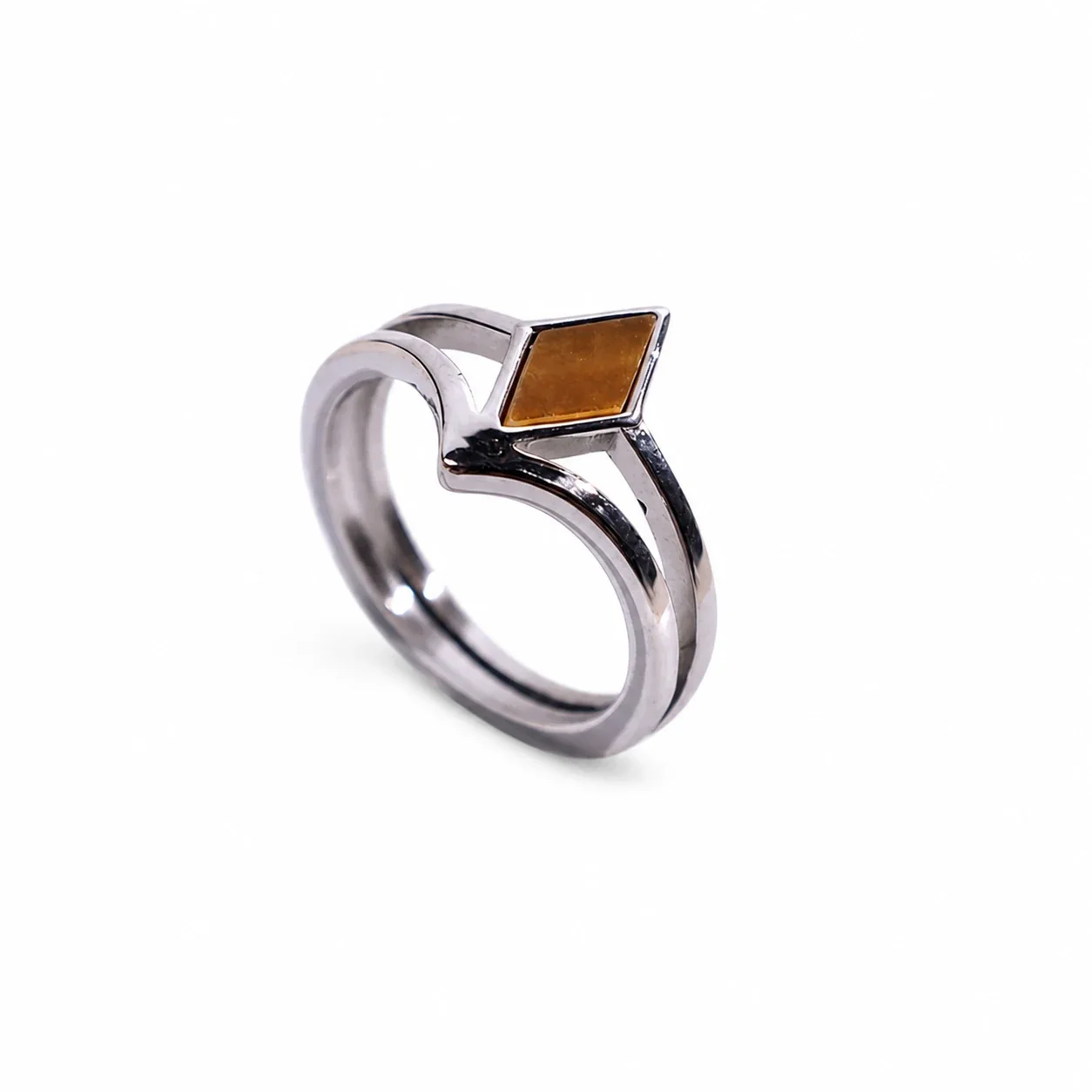 Sculptural 316 Stainless Steel Rhombus Signet Ring - Silver Tiger Eye