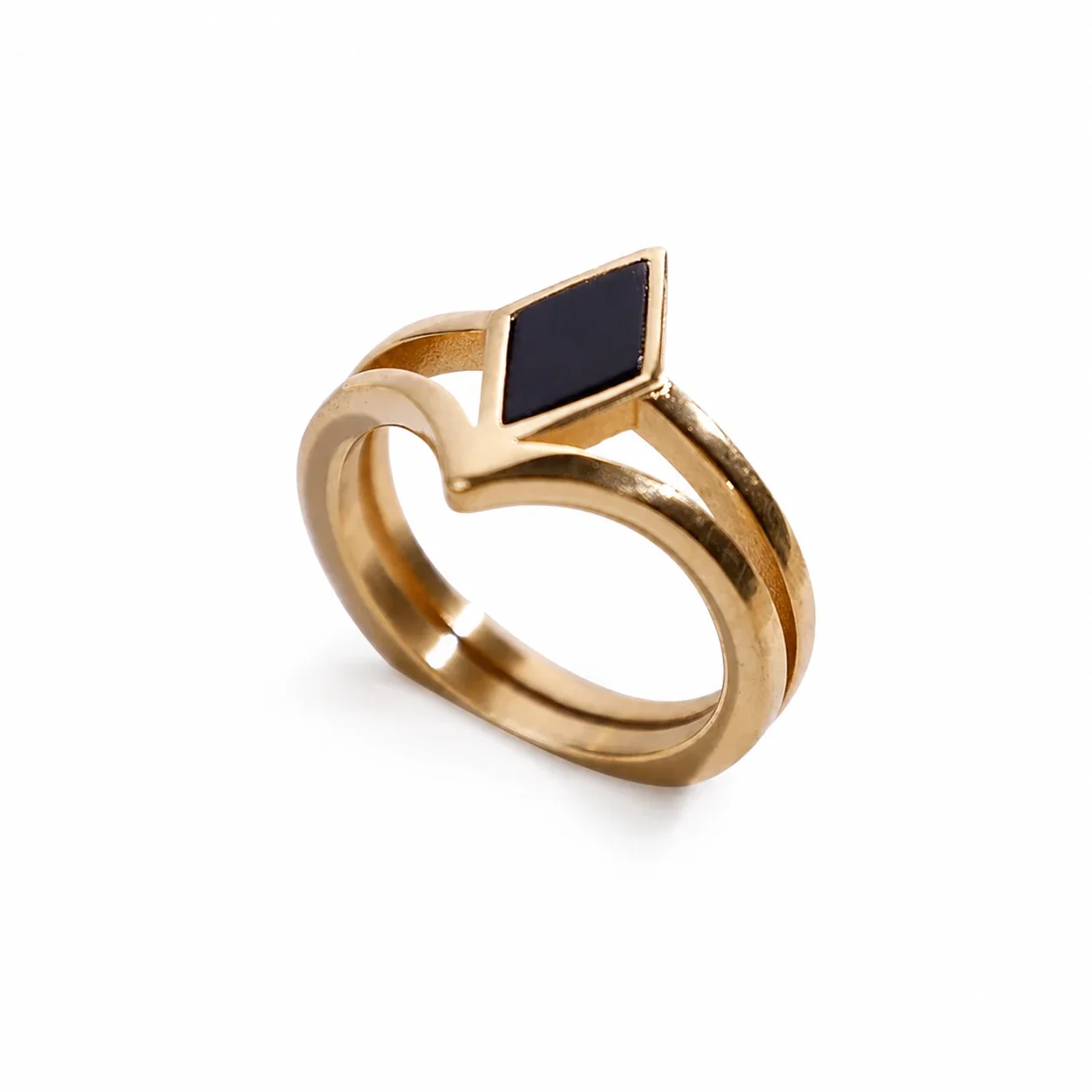 Sculptural 316 Stainless Steel Rhombus Signet Ring - Gold Amazonite