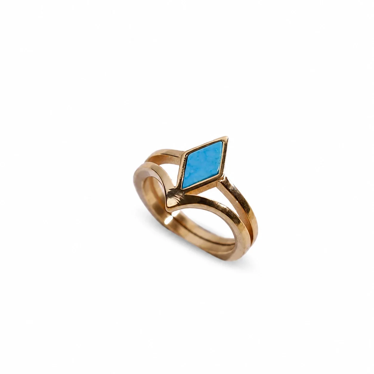 Sculptural 316 Stainless Steel Rhombus Signet Ring - Gold Turquoise