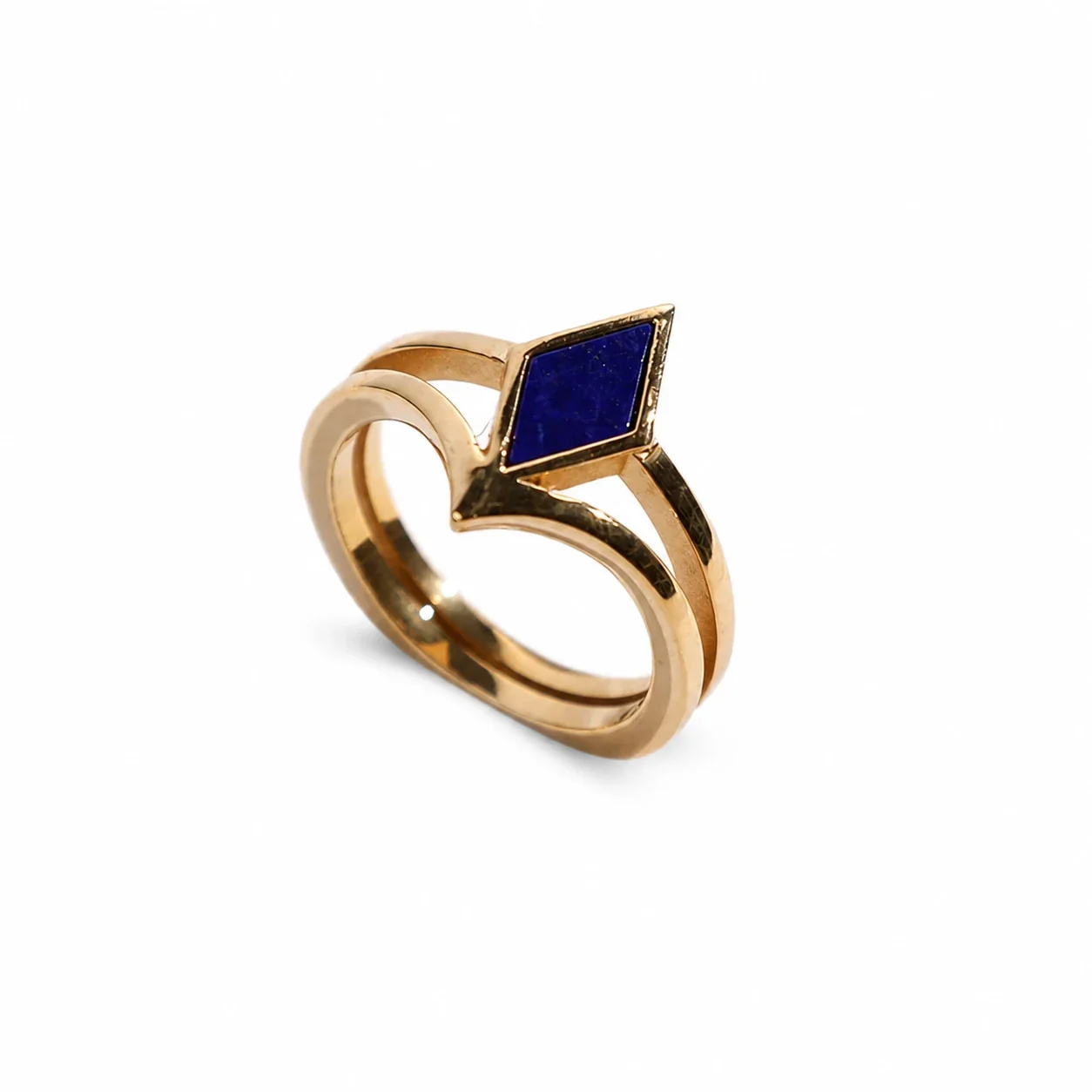 Sculptural 316 Stainless Steel Rhombus Signet Ring - Gold Lapis Lazuli Synthetic