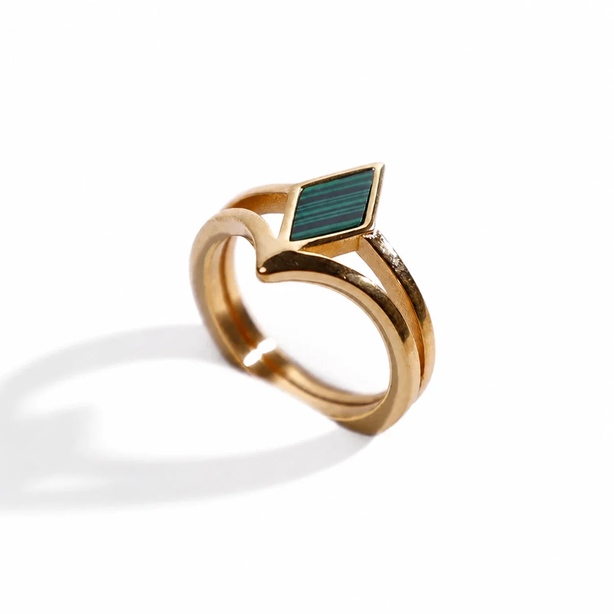 Sculptural 316 Stainless Steel Rhombus Signet Ring - Gold Malachite