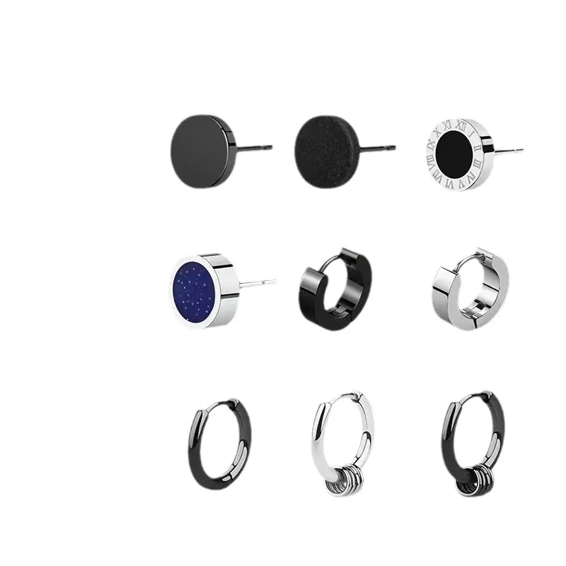 Graphic Stainless Steel Black-Plated Disc & Huggie Earrings
