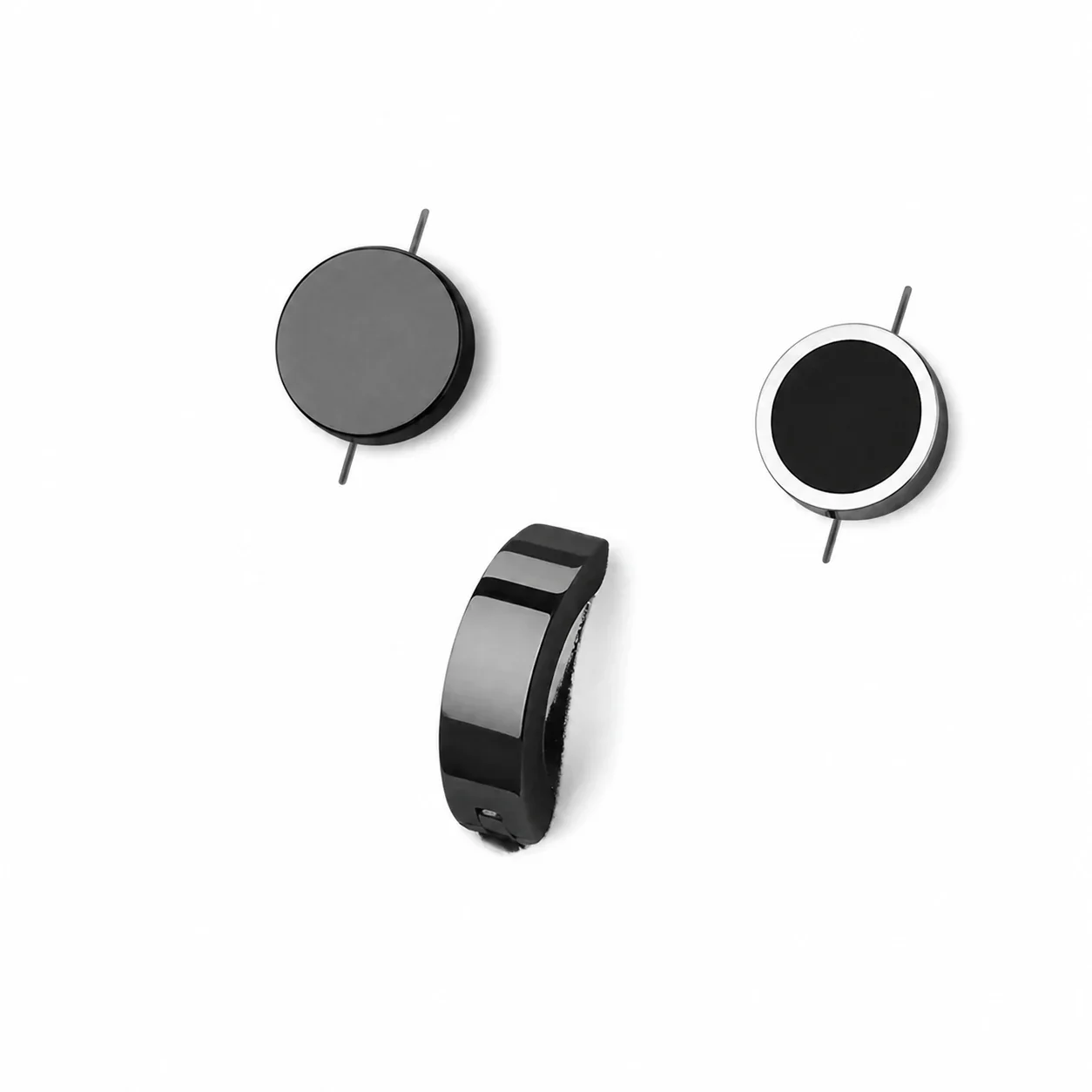 Graphic Stainless Steel Black-Plated Disc & Huggie Earrings - Piece : Flat Disc, Smooth Hoop, Hoop