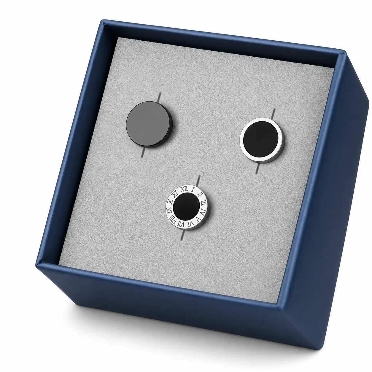 Graphic Stainless Steel Black-Plated Disc & Huggie Earrings - Piece : Flat Disc, Smooth Hoop, Roman Disc
