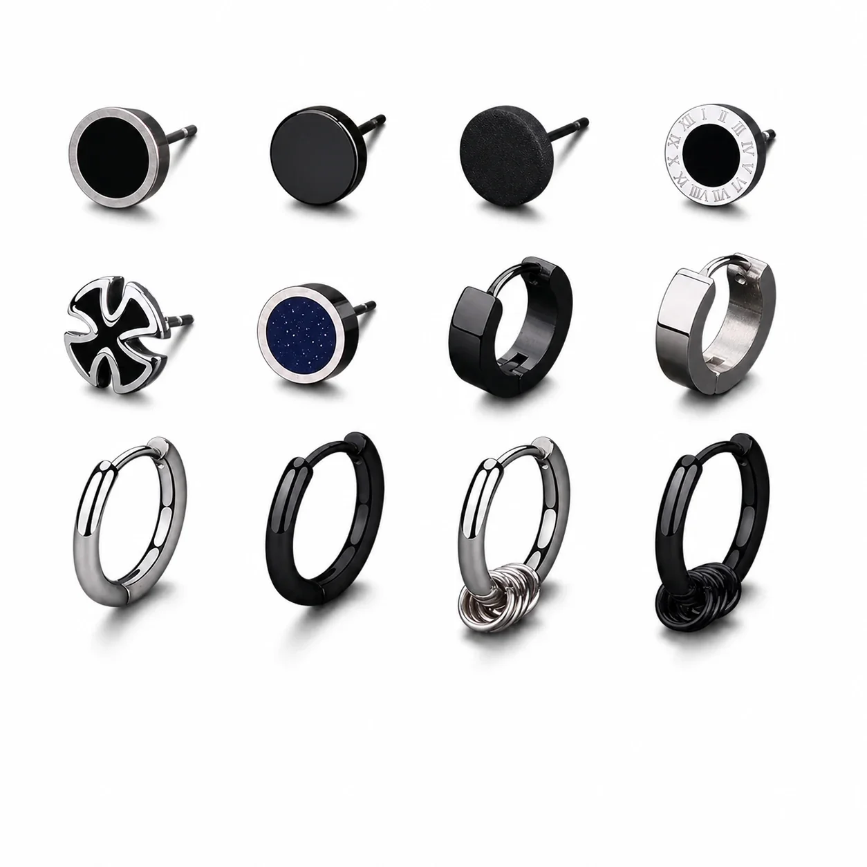 Graphic Stainless Steel Black-Plated Disc & Huggie Earrings - Single K: Ridged Black Huggie