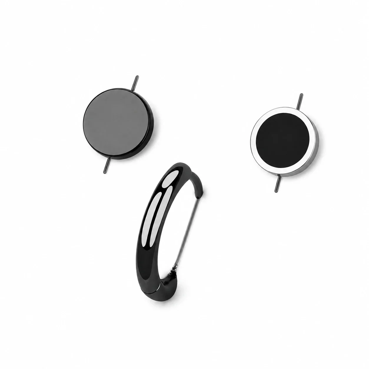 Graphic Stainless Steel Black-Plated Disc & Huggie Earrings - Piece : Flat Disc, Smooth Hoop, Ridged Huggie