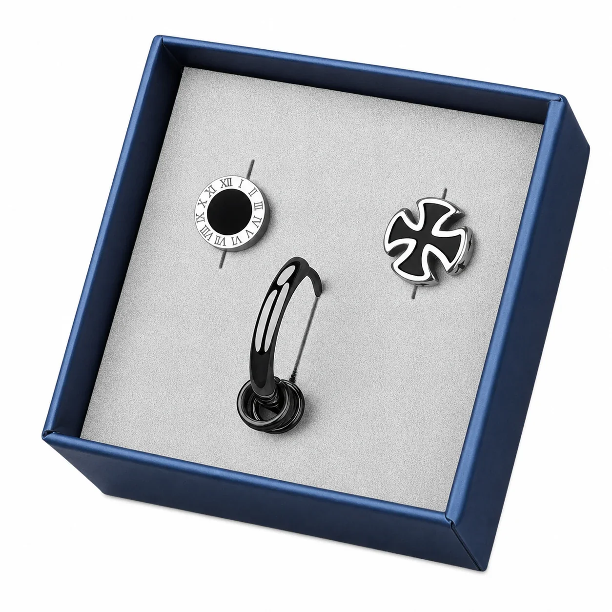 Graphic Stainless Steel Black-Plated Disc & Huggie Earrings - Piece : Roman Disc, Blue Disc, Bead Hoop