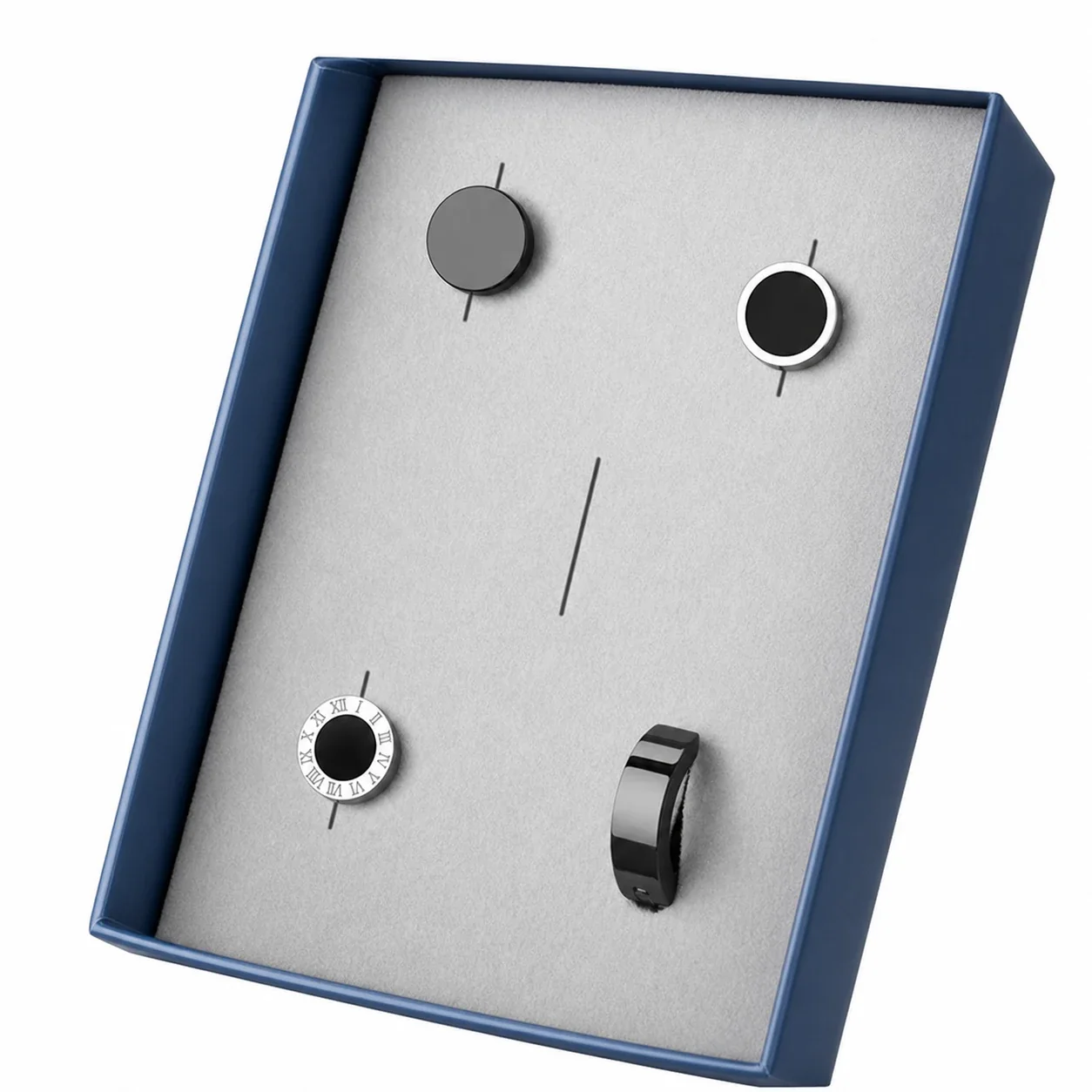Graphic Stainless Steel Black-Plated Disc & Huggie Earrings - Piece : Smooth Hoop, Roman Disc, Hoop, Ridged Huggie