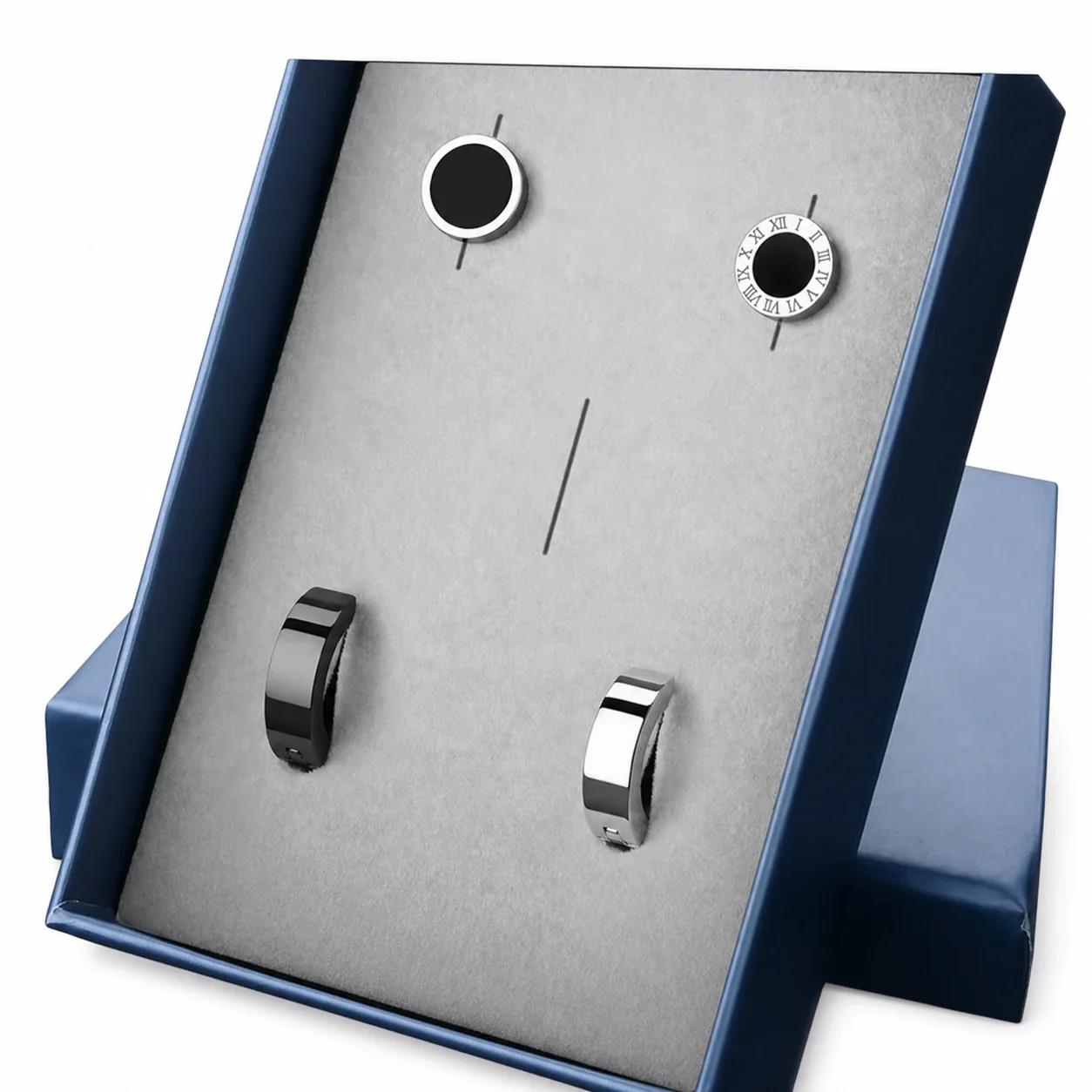 Graphic Stainless Steel Black-Plated Disc & Huggie Earrings - Piece : Flat Disc, Roman Disc, Hoop, Silver Huggie