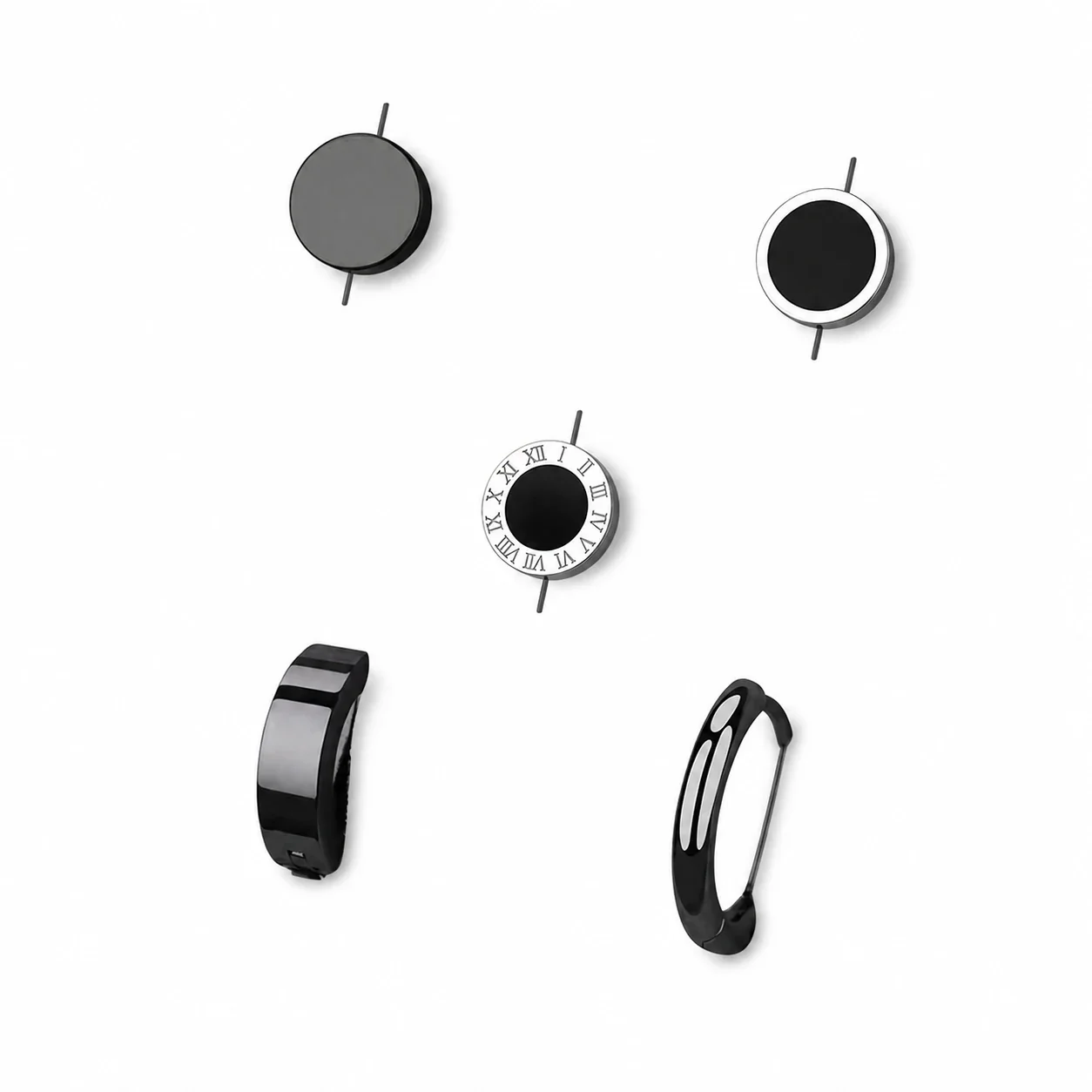 Graphic Stainless Steel Black-Plated Disc & Huggie Earrings - Piece : Flat Disc, Smooth Hoop, Roman Disc, Hoop, Ridged Huggie