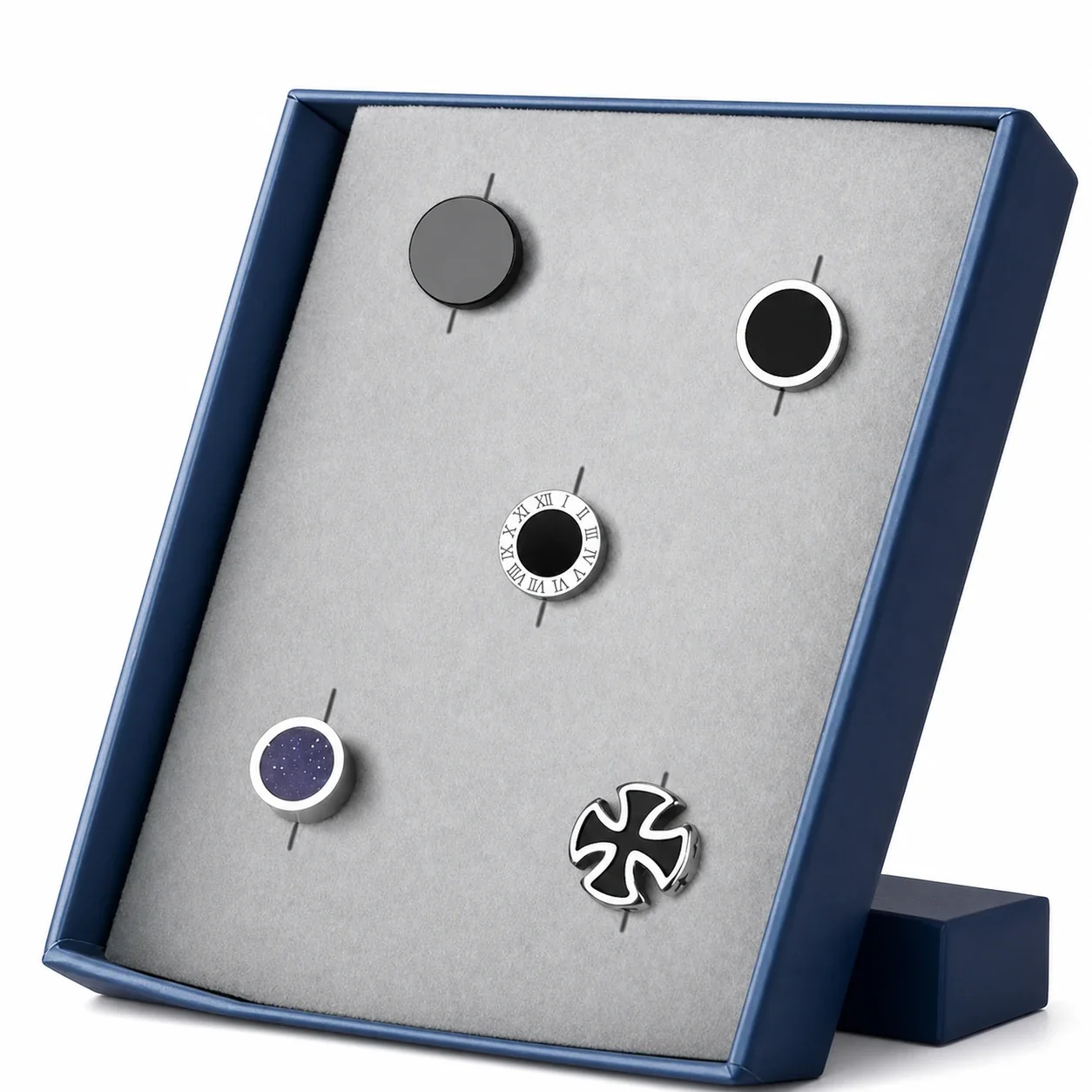 Graphic Stainless Steel Black-Plated Disc & Huggie Earrings - Piece : Flat Disc, Smooth Hoop, Roman Disc, Blue Disc, Black Huggie