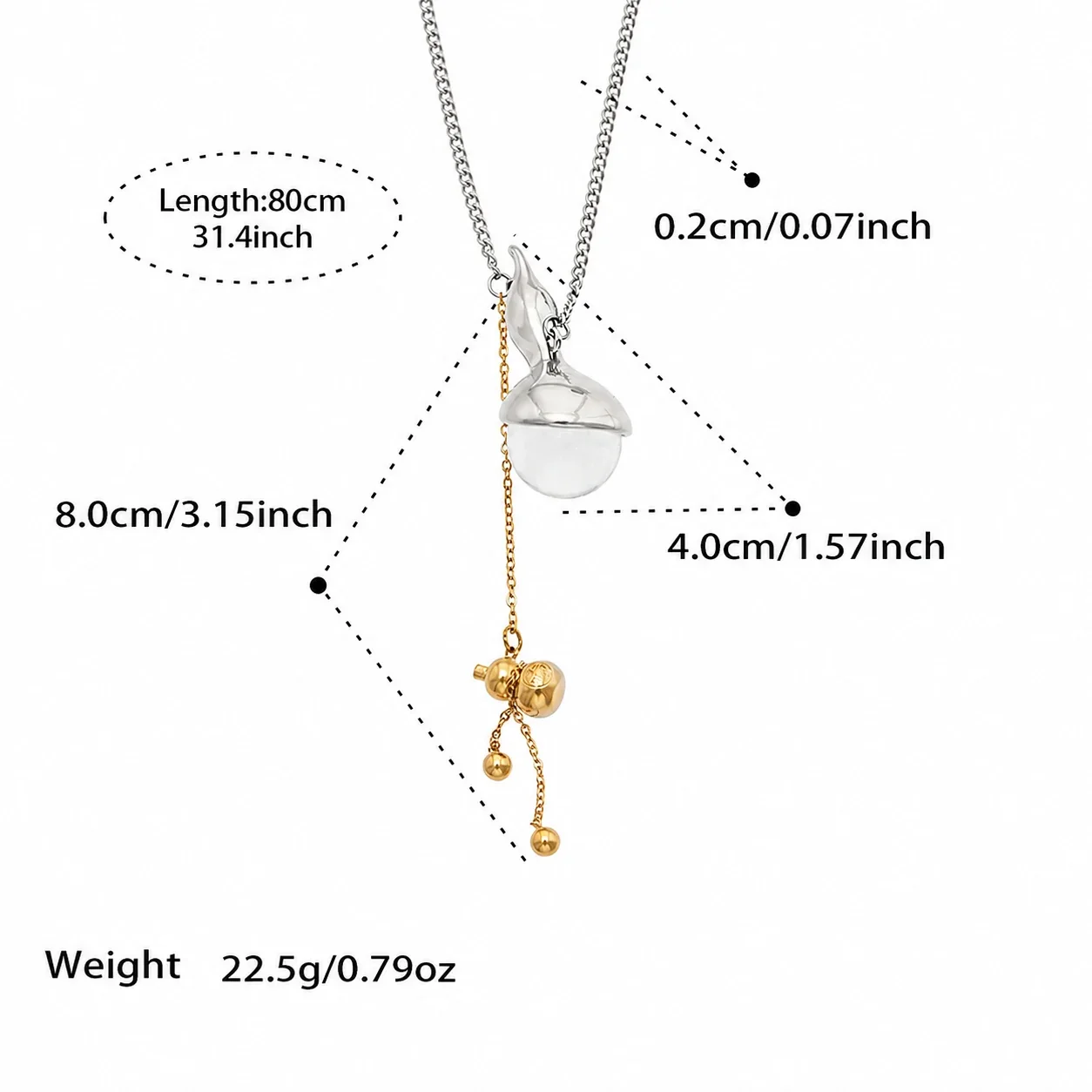Orbital Tiger Eye 316L Stainless Steel Bead Chain Necklace - Silver Double Gourd 80 cm
