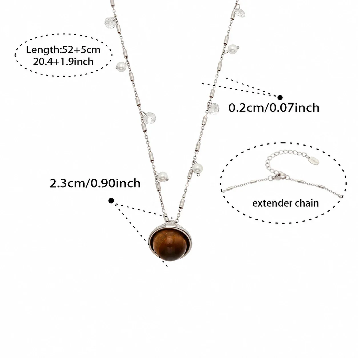 Orbital Tiger Eye 316L Stainless Steel Bead Chain Necklace - Silver Tiger Eye Planet 52+5 cm