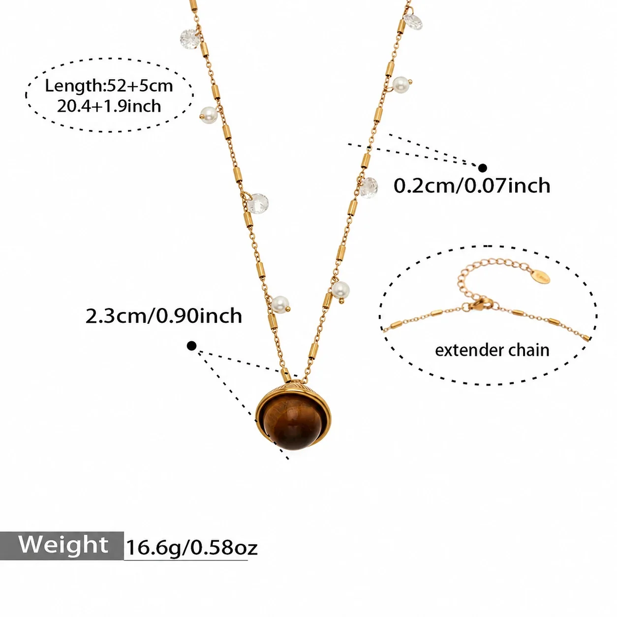 Orbital Tiger Eye 316L Stainless Steel Bead Chain Necklace - Gold Tiger Eye Planet 52+5 cm