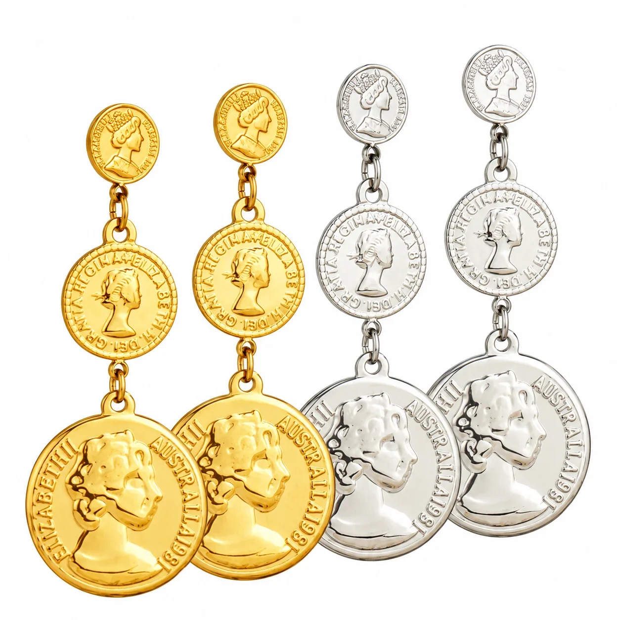 Drop Earrings, Triple Portrait Coin Discs, Gold-Plated Stainless Steel