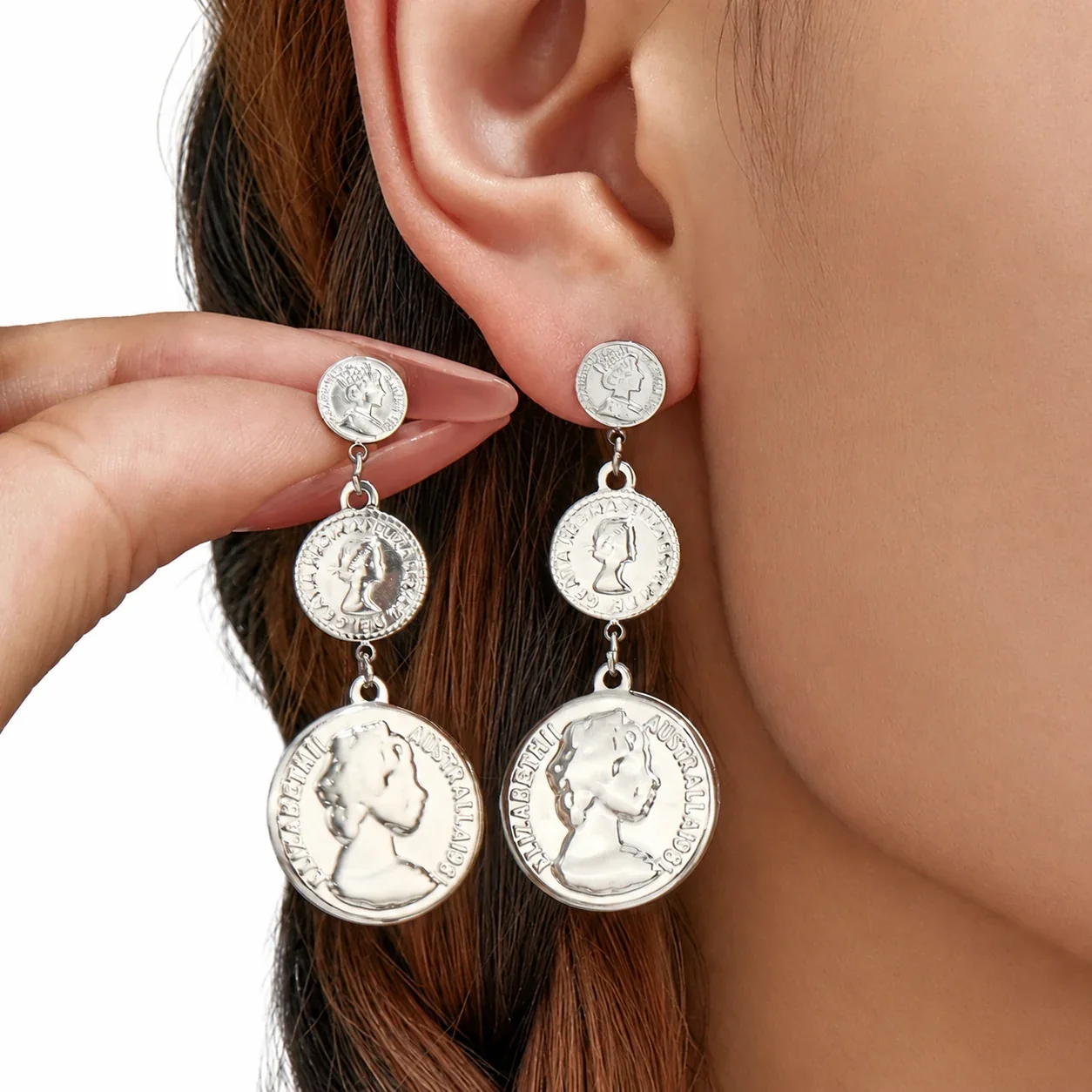 Drop Earrings, Triple Portrait Coin Discs, Gold-Plated Stainless Steel