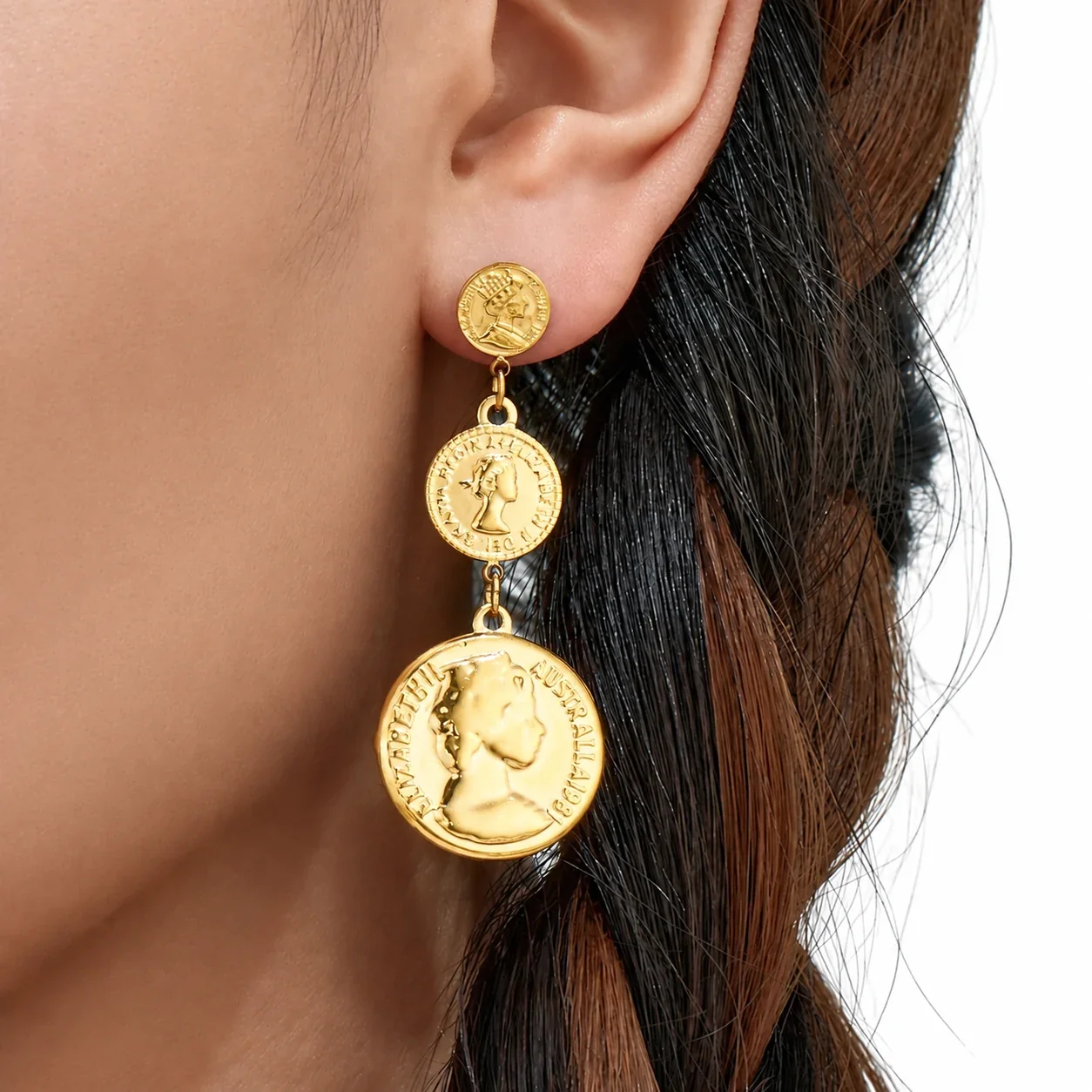 Drop Earrings, Triple Portrait Coin Discs, Gold-Plated Stainless Steel