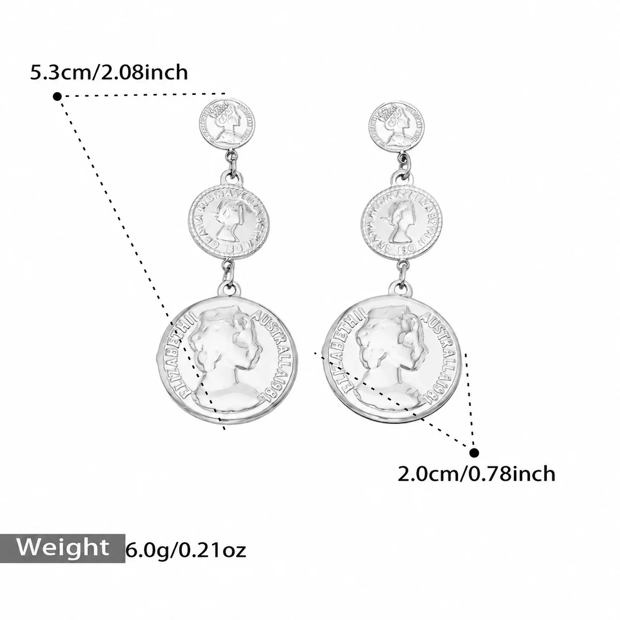 Drop Earrings, Triple Portrait Coin Discs, Gold-Plated Stainless Steel - Silver