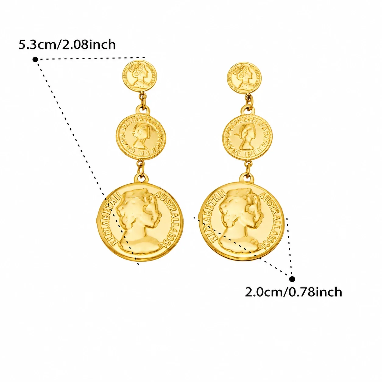 Drop Earrings, Triple Portrait Coin Discs, Gold-Plated Stainless Steel - Gold