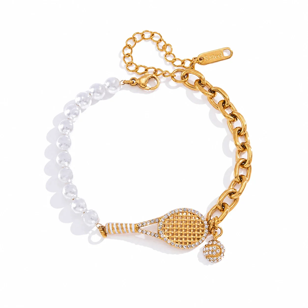 Sporty 18K Gold-Plated Racket CZ Pearl Bracelet
