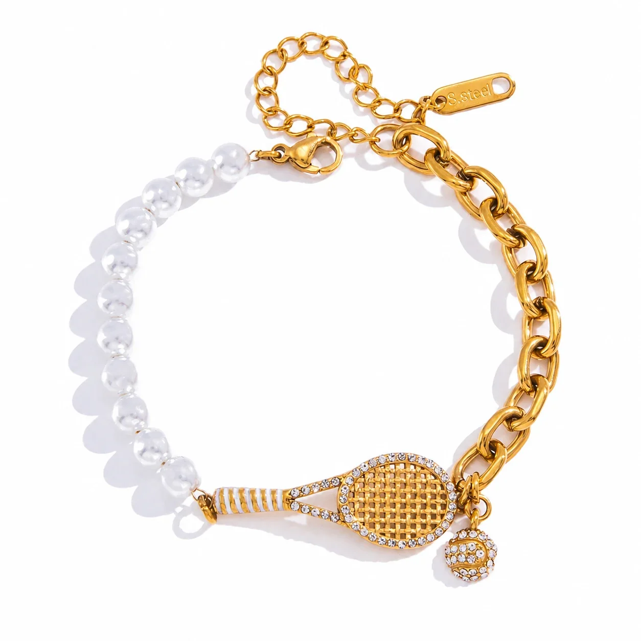 Sporty 18K Gold-Plated Racket CZ Pearl Bracelet