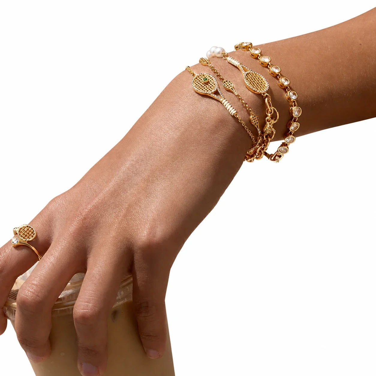 Sporty 18K Gold-Plated Racket CZ Pearl Bracelet